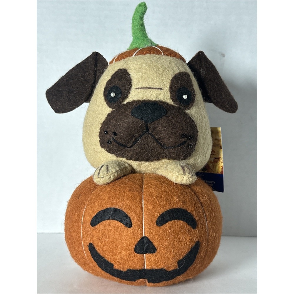 Halloween PUG Wool Plush 11" Jack O Lantern Decor.  RARE!  NWT